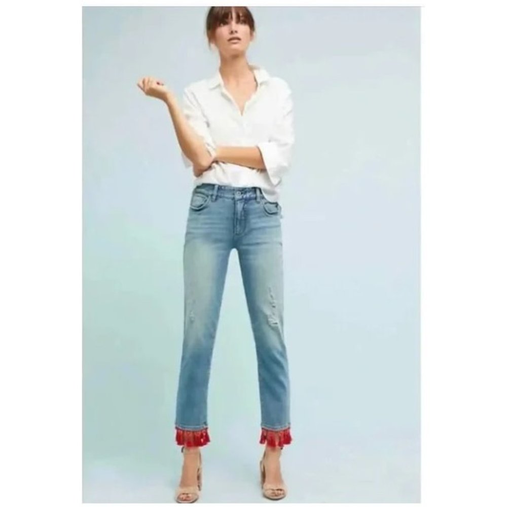 Anthropologie Pilcro Red Tassel Cropped Boyfriend Jean - 32